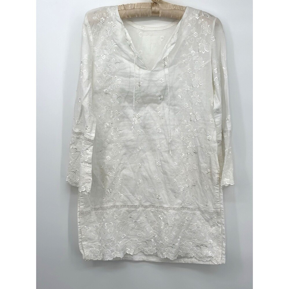 White‎  PURE Petite Gauze Split-Neck Tunic White Petite Small Tinny Flowers